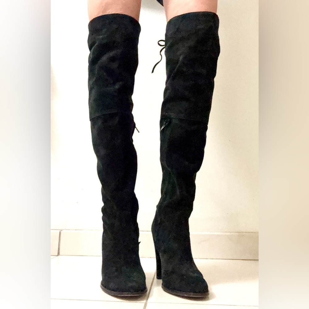 Womens Black Real Suede Knee High Heel Boots - Size 7.5 / 38.5 - Picture 3 of 11